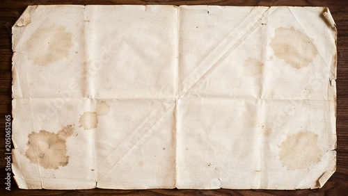 Aged, stained, and creased parchment paper with large brown splotches and faint diagonal lines