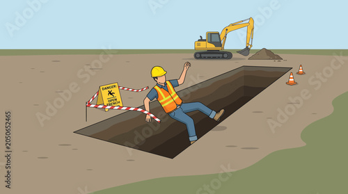 A construction worker in a hard hat and safety vest falls into an unprotected trench at a construction site with an excavator in the background.