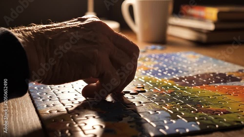 Close-up of an elderly person's hand completing a colorful jigsaw puzzle indoors