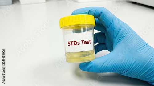 Gloved hand holding a urine sample container for std testing in a medical setting with a yellow cap