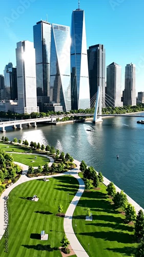 Lush city park with modern skyscrapers in background.