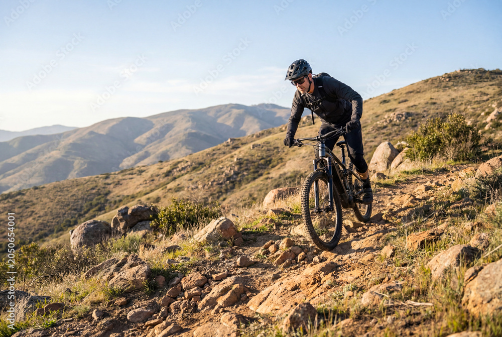 Fototapeta premium Male eMTB Rider Navigating Warm Tone Rocky Slope