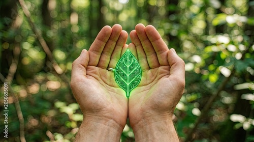 Hands cradling glowing green leaf in forest symbolizing eco friendly sustainability and nature conservation