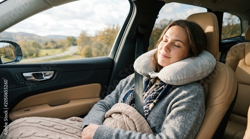 Relaxation. Female resting with neck support in vehicle.