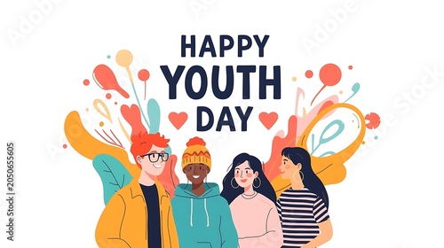 Happy Youth Day Illustration Featuring Diverse Group of Young Friends