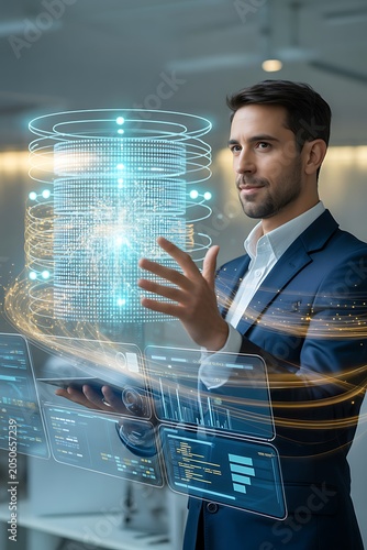 Businessman Interacting with Virtual Holographic Interface in Office