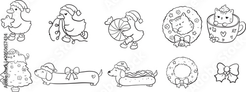 Cute Christmas Goose Cat and Dachshund Hand Drawn Outline Cartoon Vector Set
