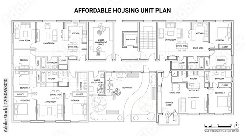Billede på lærred Affordable Housing Unit Plan with Courtyard and Shared Spaces floor plan bluepri