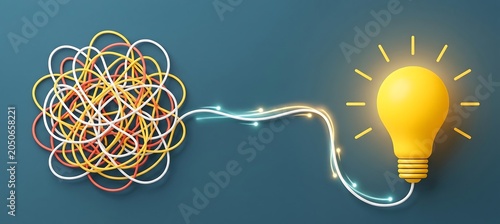 Tangled wires transforming into a bright glowing light bulb symbolizing idea generation, problem-solving, and creative inspiration for business.
