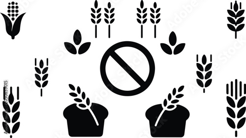 Foto Gluten free dietary product label collection with minimal black grain spike stal