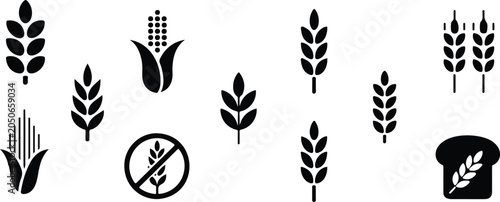 Foto Gluten free dietary product label collection with minimal black grain spike stal