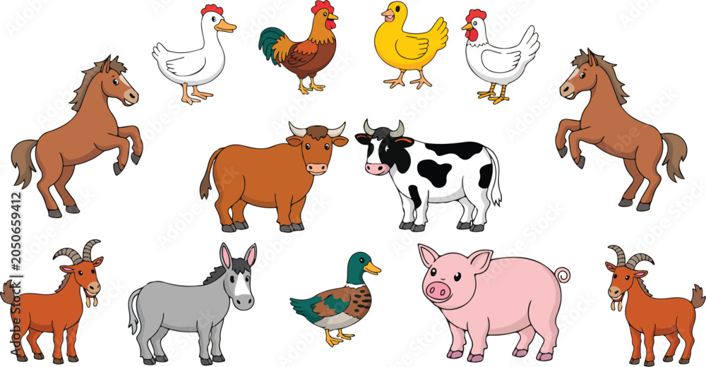 Fototapeta premium Adorable domestic country breeding livestock character collection with smiling dairy cattle spotted piglet rearing horses and poultry birds for kids education