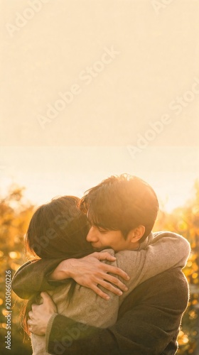 Young couple embracing outdoors during golden hour