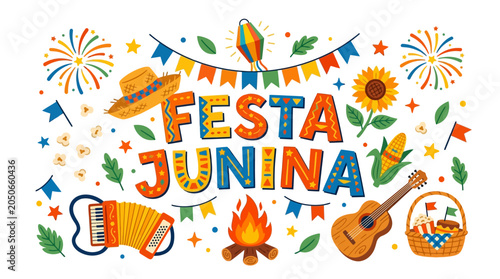 Festa Junina typography with traditional elements and festive decorations