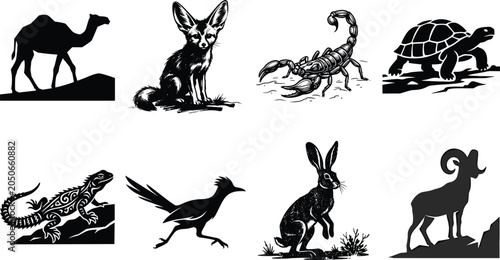 Photography Desert animals silhouette icon set featuring camel fennec fox scorpion tortoise