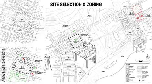 Fotografi Site selection and zoning plan with commercial, residential, and industrial desi