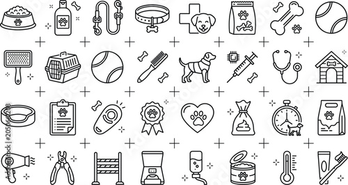 Dog and pet care line icon set with veterinary medicine food collar grooming tools toys puppy training elements