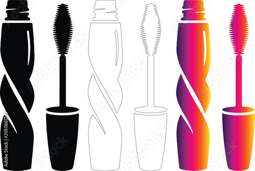 Mascara tube and wand vector icon set with transparent background