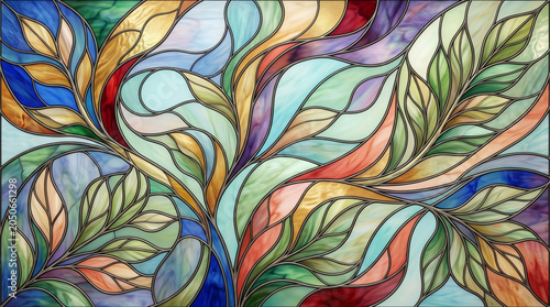 Stained glass floral pattern, colorful mosaic art with organic leaf shapes, elegant leaded glass texture for interior design and decor isolated PNG with Transparent Background