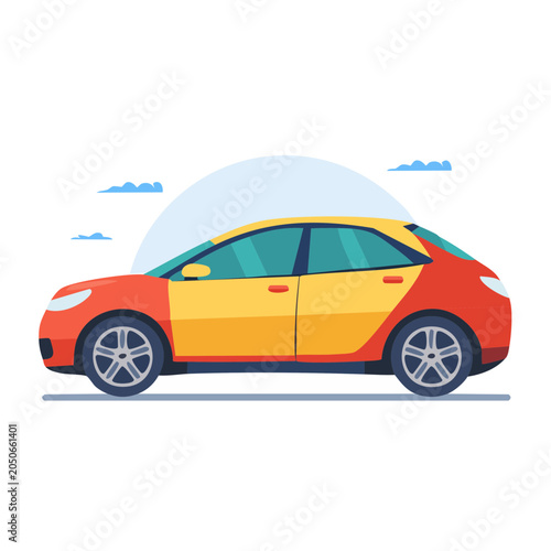 Flat design illustration of a red and yellow car