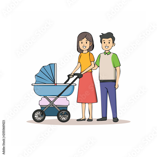 Happy family with a baby stroller