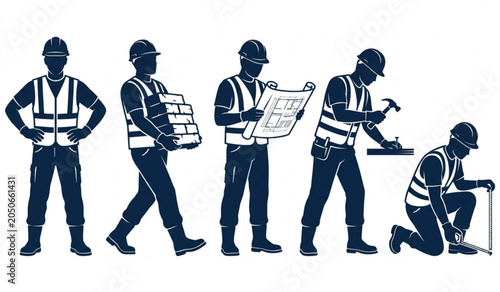 Foto Construction workers silhouette series blueprint bricklaying and site measuremen