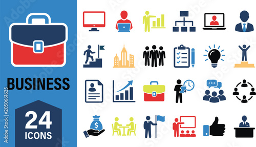 Colorful business management icon collection featuring corporate leadership teamwork finance communication technology growth and professional success concepts