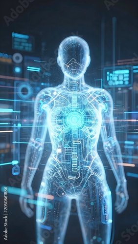 Futuristic Holographic Display of Human Anatomy with Digital Data Overlays on a High-Tech Background