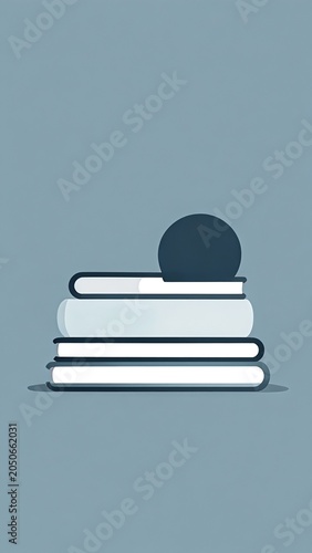 Minimalist Vector Illustration of a Neat Stack of Books with a Dark Circle Accent on a Muted Blue Background