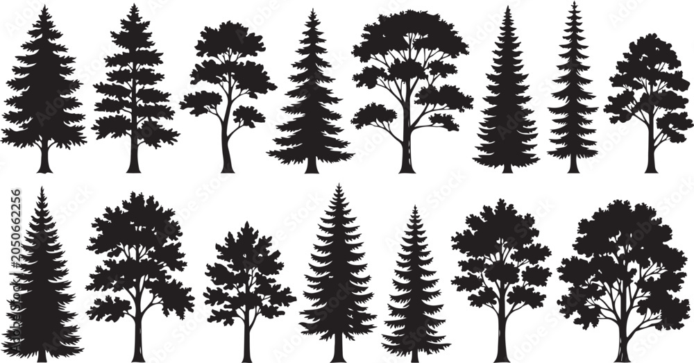 Obraz premium Vintage Forest Tree Silhouette Vector Set Woodland Nature Illustration Collection