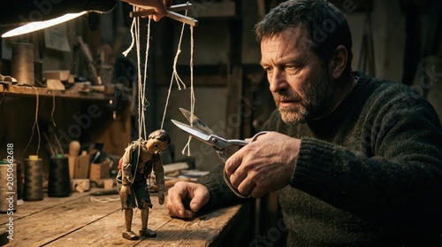 A man severs the connection between the puppeteer and puppet, symbolizing freedom from oppression, hidden powers, and manipulation.