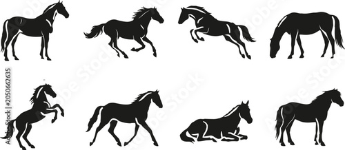 Konstfotografi Black horse silhouettes set featuring various poses including running jumping re