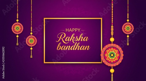 Happy Raksha Bandhan Banner with Hanging Rakhis on Purple Background