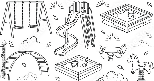 Schilderij op canvas Children playground equipment line icons set with swing slide sandbox monkey bar