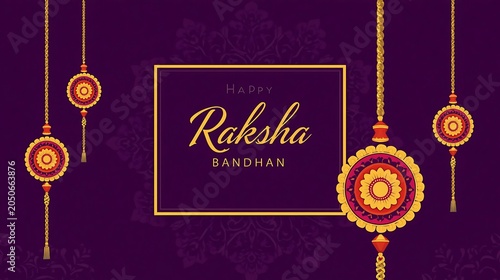Happy Raksha Bandhan Banner with Hanging Rakhis on Purple Background