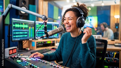 African American woman radio host broadcasting live on air in modern studio. Smiling broadcaster at mixing console with headphones and microphone. Professional radio media and communication concept