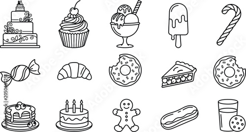 Sweets and bakery desserts line icon set with wedding cake cupcake ice cream donut pancakes candy gingerbread pie