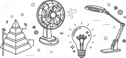 Schilderij op canvas Home office electric appliances line icon set with desk lamp table fan light bul