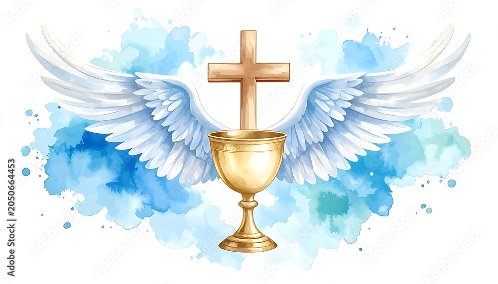 Obraz premium A golden chalice with white wings and a cross on a blue background