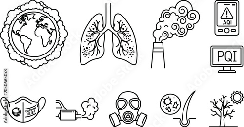 Valokuva Air pollution environment climate icons set line outline vector minimalist carbo