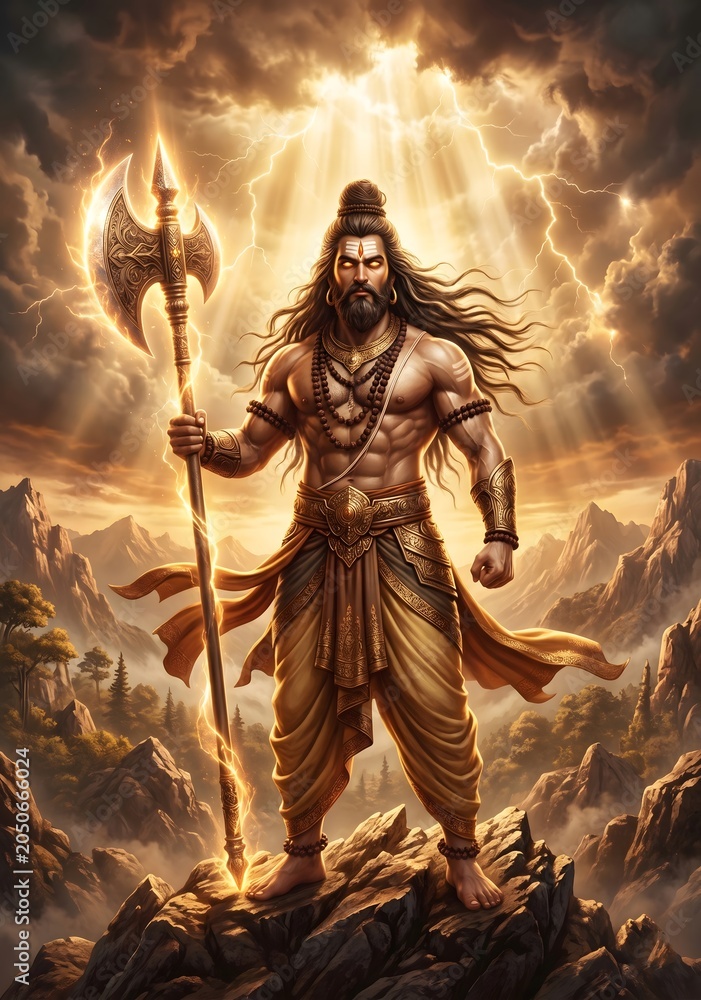 Obraz premium Powerful warrior god holding a golden axe on a mountain peak