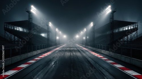 Empty race track at night with bright floodlights and foggy atmosphere in view