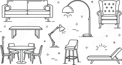 Fotografia Living room furniture doodle icon set with sofa floor lamp armchair dining table