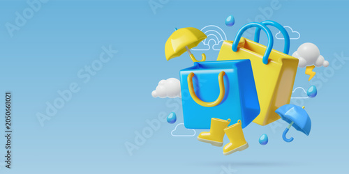 Monsoon sale background with 3D shopping bags, rain, clouds, umbrellas and rubber boots on blue background. Vector illustration