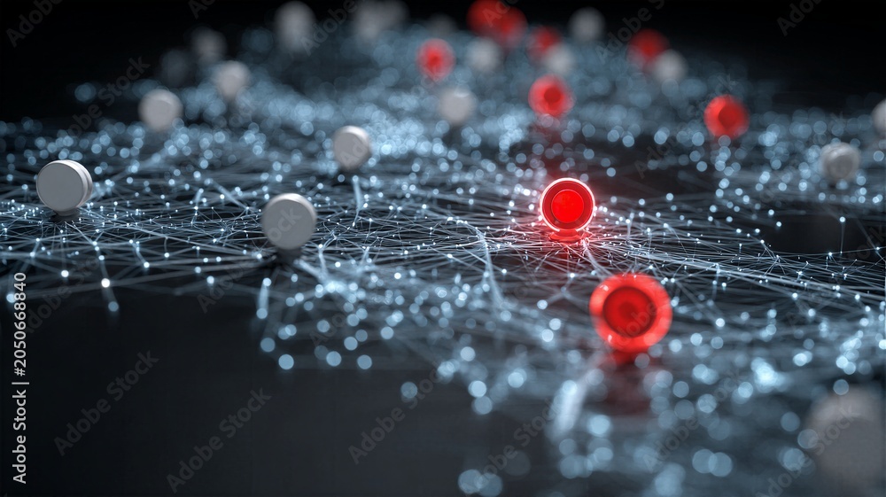 Fototapeta premium Abstract digital network node connection surface with glowing red alert indicators representing cyber security threats firewall breaches and server vulnerability
