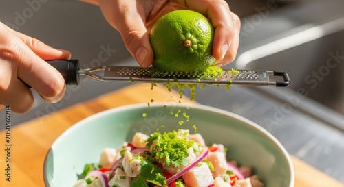 Zesting Lime Over Ceviche in Bowl Close Up Food Preparation Gourmet Recipe Delicious Meal Seafood Fresh Ingredients Culinary Cooking Citrus Flavor