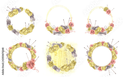 Tableau sur toile Balls of yarn threads with knitting needles wreath set