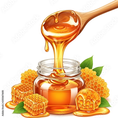Pouring honey from wooden spoon into jar with honeycomb and green leaves