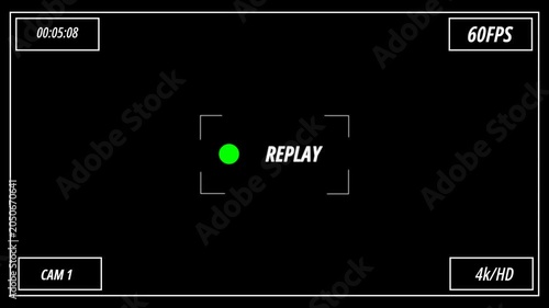  video camera replay screen overlay preview with timer on a transparent background, Video replaying template with REPLAY icon for video cameras, 4k camcorder interface,recording camera screen interfac