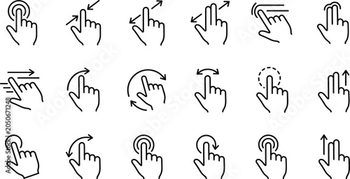 Fotografie Touchscreen hand gestures line icon set with tap swipe pinch zoom scroll rotate